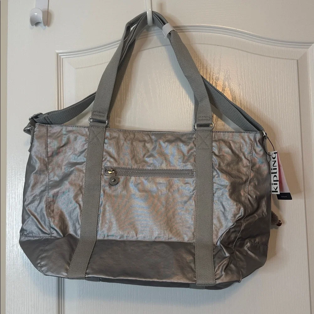 Kipling Adara Large Crossbody Tote Bag Smooth Silver Metallic